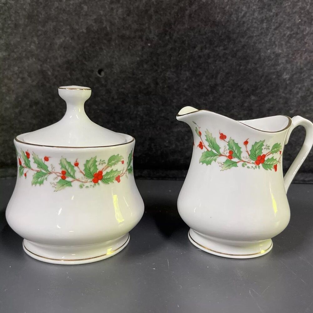 VTG China Pearl Fine China Noel Creamer and Sugar Set Holly Berries